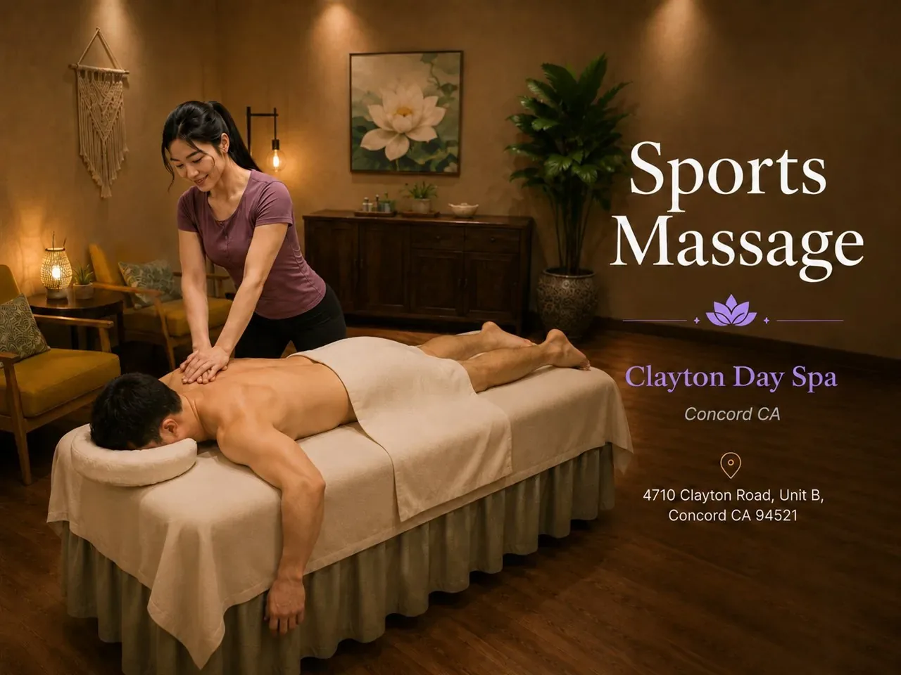 Sports massage working tired leg and back muscles at Clayton Day Spa in Concord CA