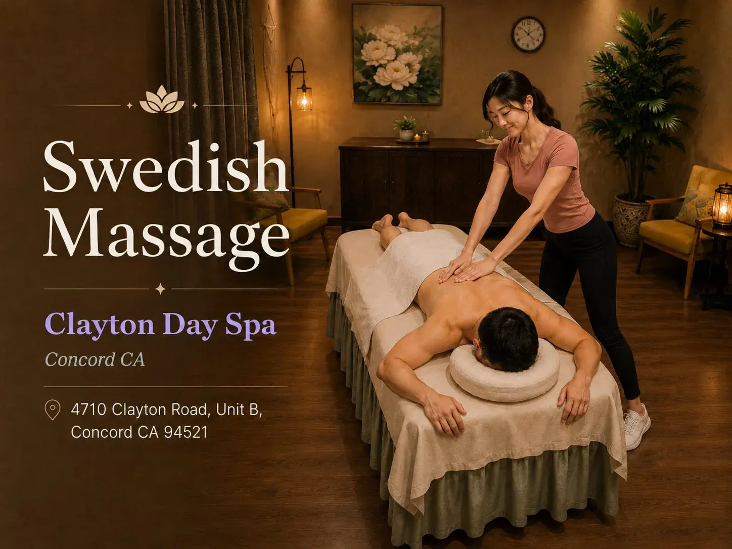 Swedish massage with long gliding strokes at Clayton Day Spa in Concord CA